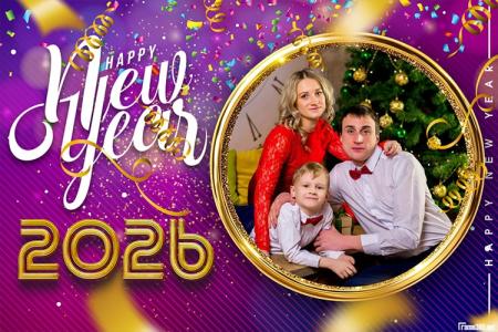 New Year 2026 greeting card with vibrant purple and gold tones