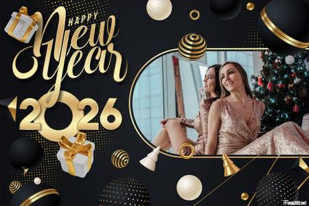Luxurious Black and Gold Happy New Year 2026 Greeting Card