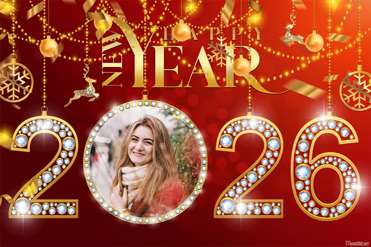 Vibrant and elegant red New Year 2026 greeting card